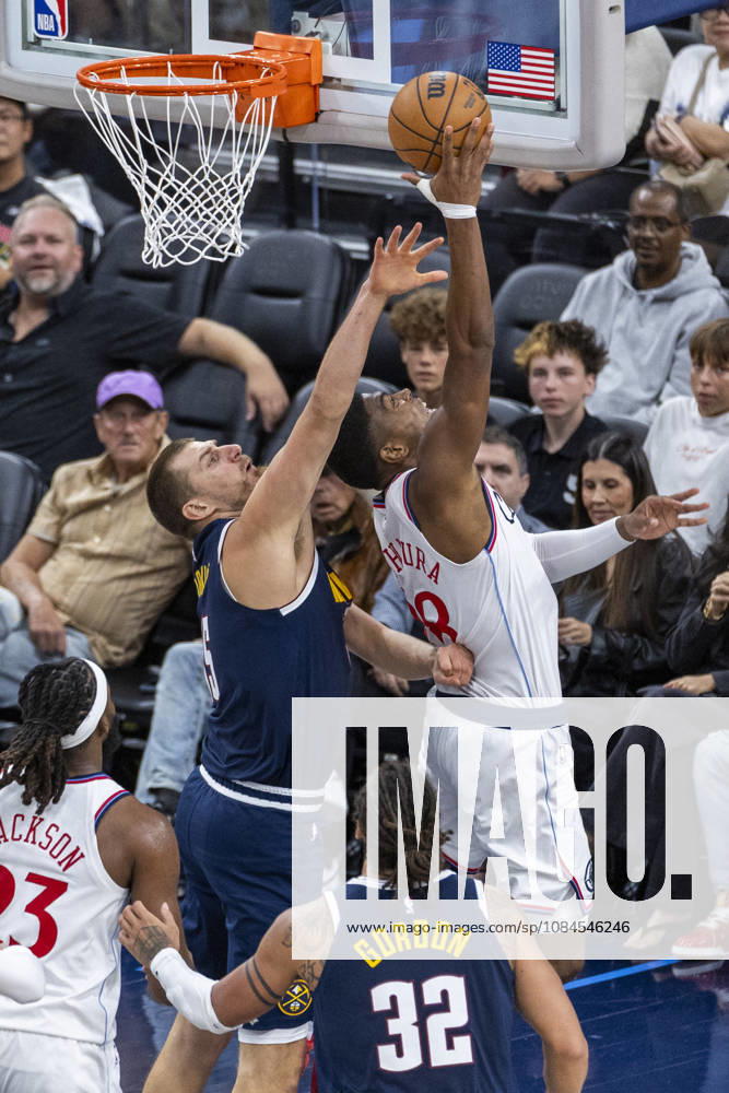 Los Angeles Clippers Rui Hachimura (28) shoots under pressure from Denver Nuggets Nikola JokiÄ¡ (15) during an NBA, Basketball Herren, USA preseason game at Intuit Dome on Wednesday, Oct. 14, 2026 in Inglewood Calf. NBA 2026: Clippers Vs Nuggets - ZUMAc68_ 20261014_zaf_c68_023
