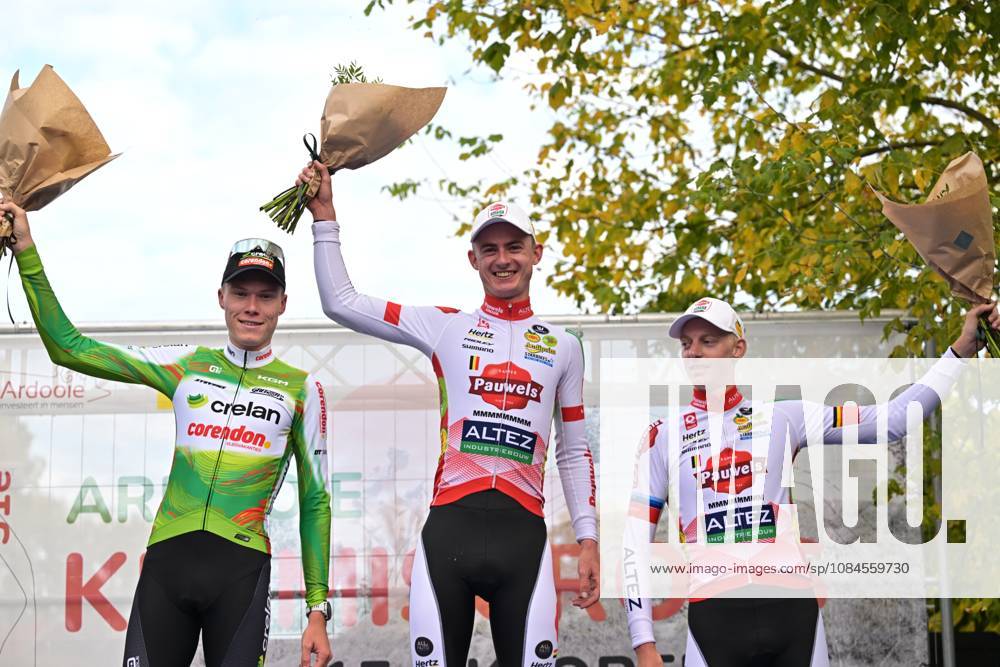 Belgium s Witse Meeussen; Belgium s Gerben Kuypers and Belgium s Michael Vanthourenhout celebrate on the podium after the men elite race of the Kermiscross cyclocross cycling event, on Thursday 15 October 2026, in Ardooie. DAVIDxPINTENS x189899547x