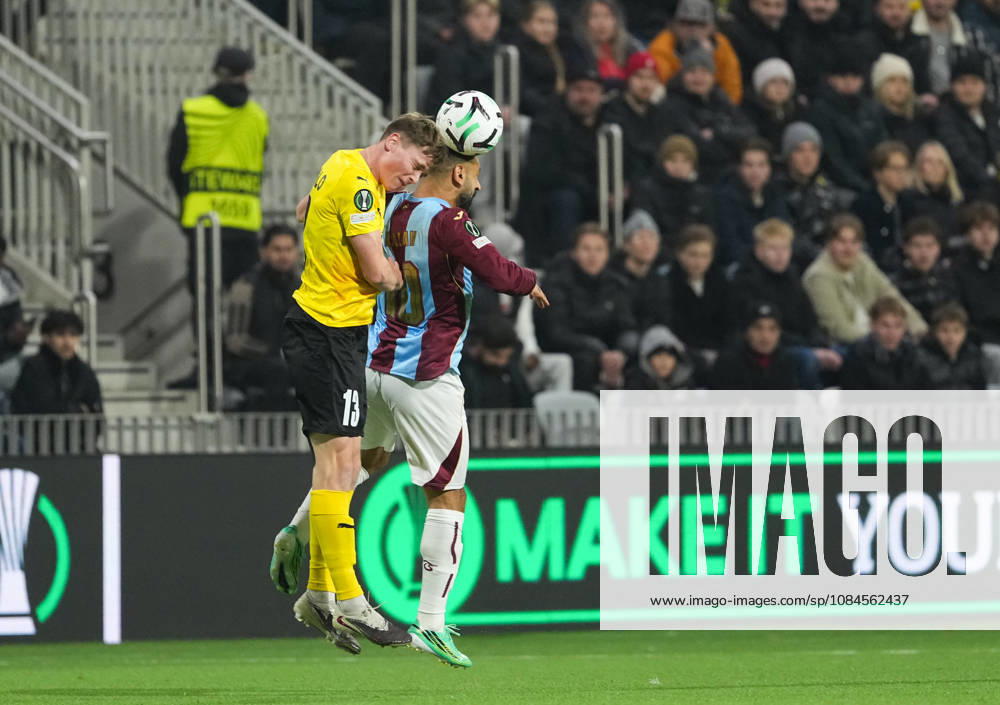 LKS 20261015 Niilo Kujasalo of KuPS and Mohamed Salah (R) of Trabzonspor go for a header during the football UEFA Conference League League Phase match between KuPS Kuopio and Trabzonspor in Tampere, Finland, on October 15, 2026. - MIKA KYLMÄNIEMI Tampere Finland A_816M5uU4Y