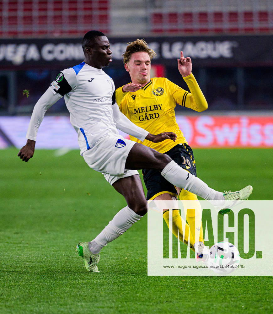 Sol Sidibe of Inter Club d Escaldes and Jeppe Kjaer of Mjällby during the UEFA Conference League soccer match between Mjällby and Inter Club d Escaldes on October 15, 2026 in Helsingborg. Photo by Christoffer Borg Mattisson, BILDBYRÅN COP 261 CB0562 soccer football fotball UEFA Conference League Conference League Mjällby in BBENG soccer football fotball UEFA Conference League Conference League Mjällby in BBENG