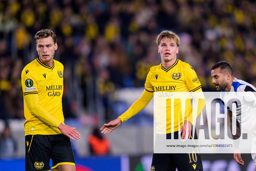 Villiam Granath and Jeppe Kjaer of Mjällby during the UEFA Conference League soccer match between Mjällby and Inter Club d Escaldes on October 15, 2026 in Helsingborg. Photo by Christoffer Borg Mattisson, BILDBYRÅN COP 261 CB0562: soccer, football, fotball, UEFA Conference League, Conference League, Mjällby in BBENG; soccer, football, fotball, UEFA Conference League, Conference League, Mjällby in BBENG