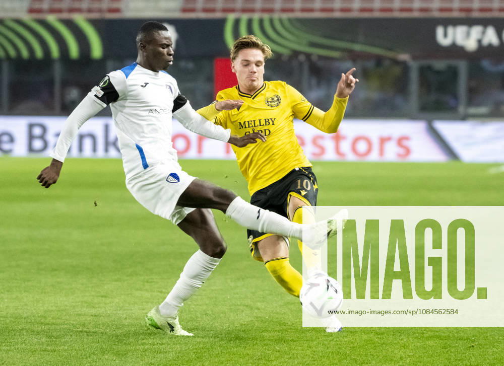 HELSINGBORG, October 15, 2026: Inter Club d’Escaldes’ Sol Sidibe and Mjällby AIF’s Jeppe Kjaer in the UEFA Conference League match between Mjällby AIF and Inter Club d’Escaldes at Olympia in Helsingborg on Thursday, October 15, 2026 HELSINGBORG SWEDEN
