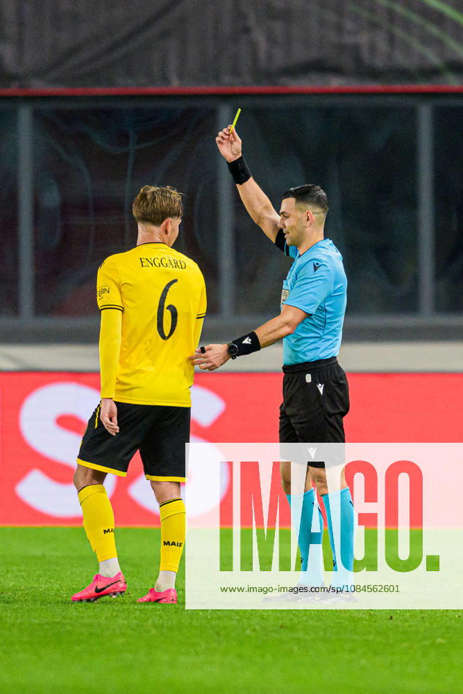 Mads Enggard of Mjällby looks dejected after receiving a yellow card during the UEFA Conference League soccer match between Mjällby and Inter Club d Escaldes on October 15, 2026 in Helsingborg. Photo by Christoffer Borg Mattisson, BILDBYRÅN COP 261 CB0562 soccer football fotball UEFA Conference League Conference League Mjällby in bbeng depp
