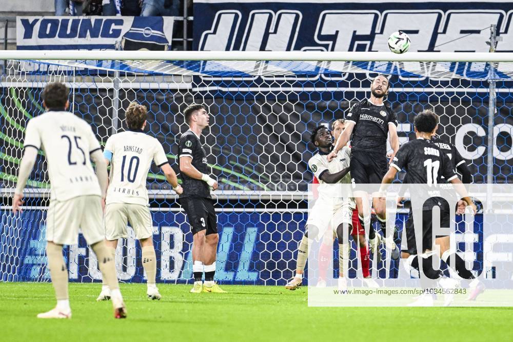 Aarhus James Bogere and Gent s Christian Burgess pictured in action during a soccer game between Belgian KAA Gent and Danish Aarhus GF, Thursday 15 October 2026 in Gent, the opening match of the UEFA Conference League league phase. TOMxGOYVAERT x189909776x