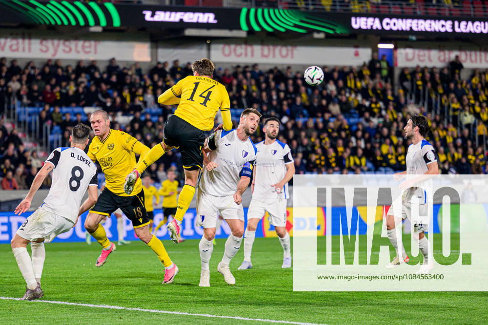 Jacob Bergström and Villiam Granath of Mjällby during the UEFA Conference League soccer match between Mjällby and Inter Club d Escaldes on October 15, 2026 in Helsingborg. Photo by Christoffer Borg Mattisson, BILDBYRÅN COP 261 CB0562 soccer football fotball UEFA Conference League Conference League Mjällby in BBENG soccer football fotball UEFA Conference League Conference League Mjällby in BBENG