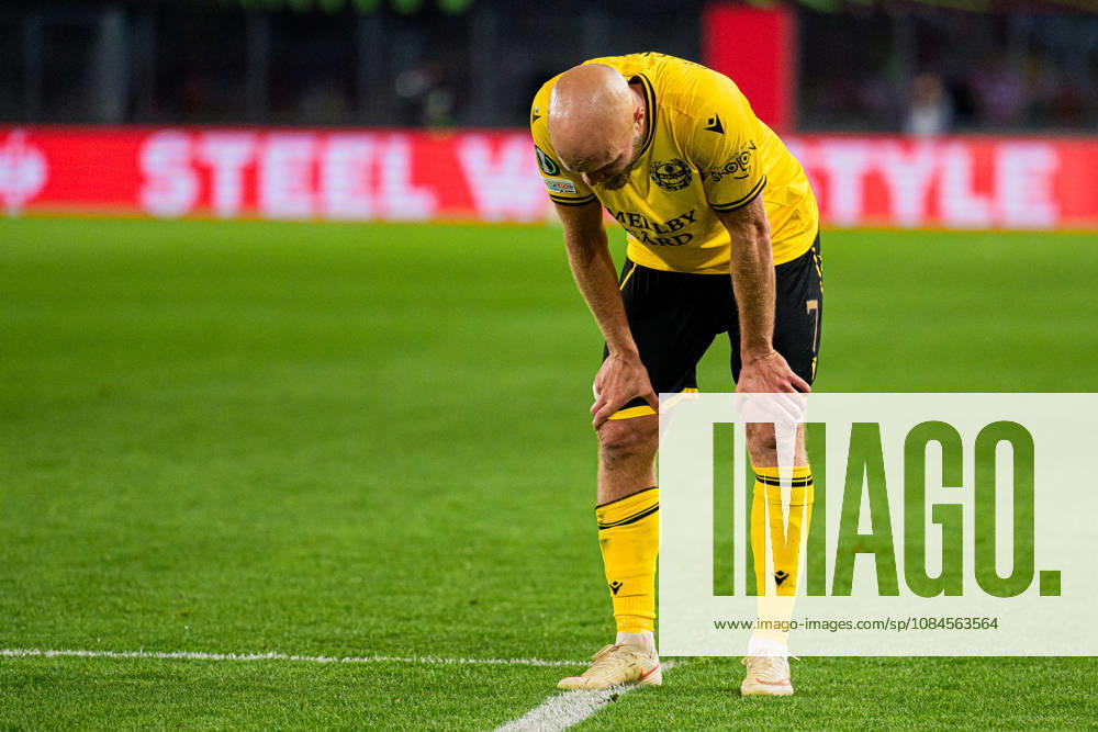 Viktor Gustafson of Mjällby looks dejected during the UEFA Conference League soccer match between Mjällby and Inter Club d Escaldes on October 15, 2026 in Helsingborg. Photo by Christoffer Borg Mattisson, BILDBYRÅN COP 261 CB0562 soccer football fotball UEFA Conference League Conference League Mjällby in bbeng depp