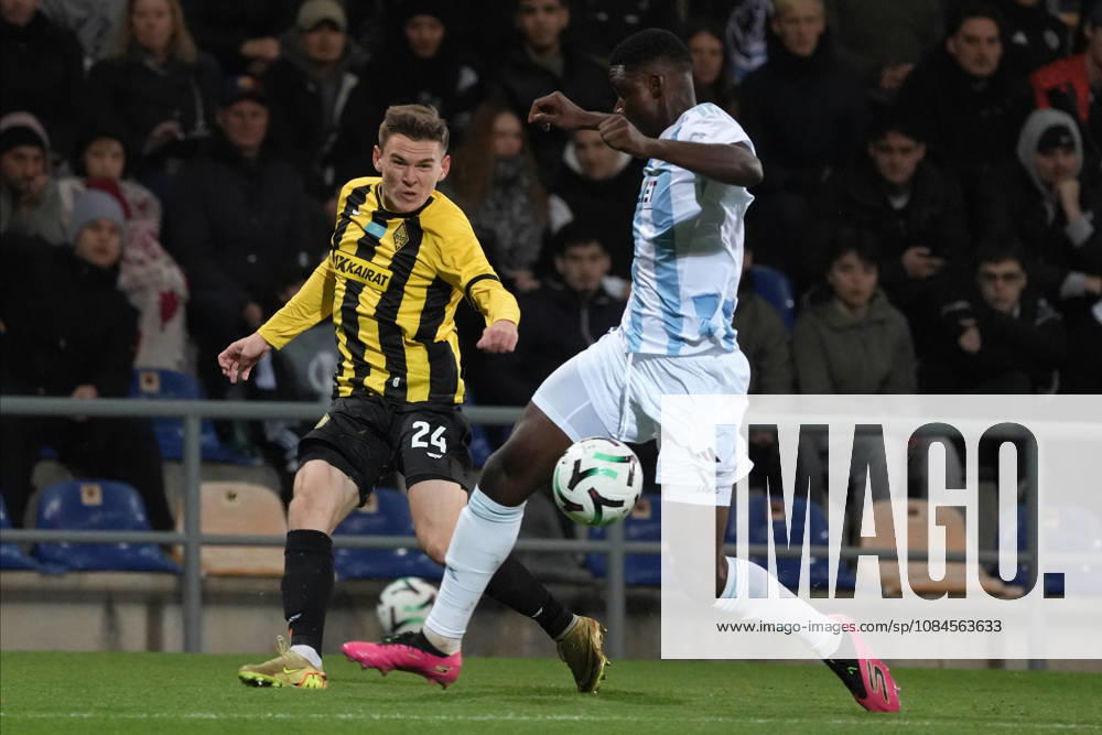 Ahmed Ankrah of Riga FC and Aleksandr Mrynskiy of Kairat compete for the ball during a UEFA Conference League soccer match between Latvias Riga FC and Kazakhstans Kairat Almaty at Skonto Stadium in Riga, Latvia, Thursday, Oct. 15, 2026. Riga Latvia