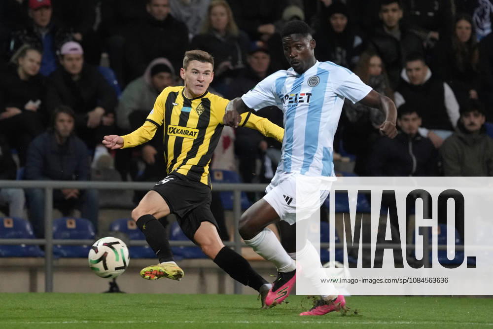 Compete for the ball during a UEFA Conference League soccer match between Latvias Riga FC and Kazakhstans Kairat Almaty at Skonto Stadium in Riga, Latvia, Thursday, Oct. 15, 2026. Riga Latvia