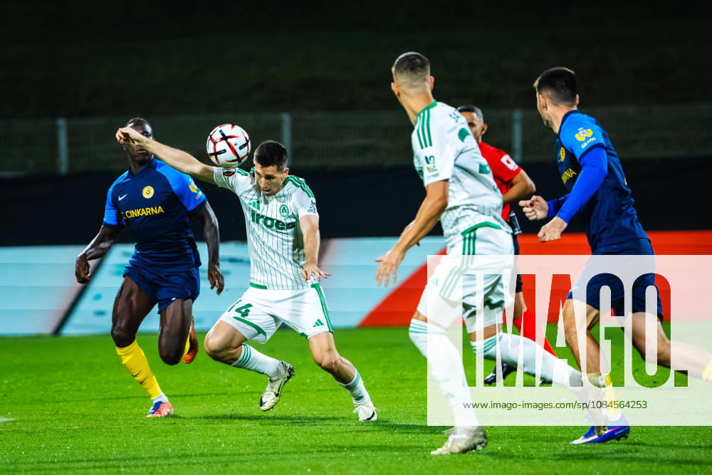 Mateo Maric of Omonia (2L) in action during the UEFA Europa League match between Celje (Slovenia) and Omonia (Cyprus) at Stadion Celje, Celje on October 15, 2026 in Celje, Slovenia. (Photo by Andraz Corel Sports Press Photo).
