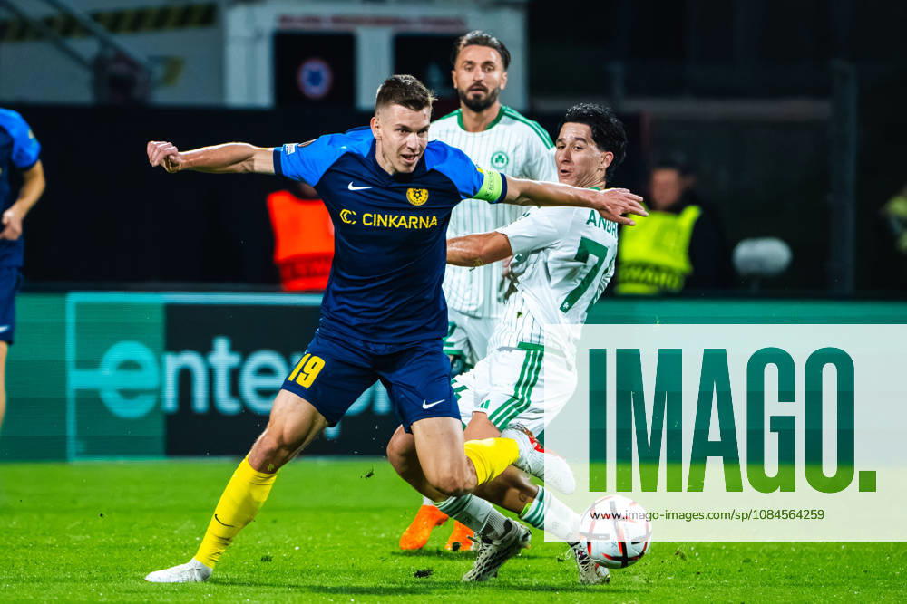 Mark Zabukovnik of Celje (L) in action against Panagiotis Andreou of Omonia (R) during the UEFA Europa League match between Celje (Slovenia) and Omonia (Cyprus) at Stadion Celje, Celje on October 15, 2026 in Celje, Slovenia. (Photo by Andraz Corel Sports Press Photo).