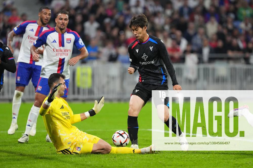 Daichi Kamada of Crystal Palace can t finish from close range with only Dominik Greif of Lyon to beat Lyon v Crystal Palace, UEFA Europa League, Football, Groupama Stadium, Lyon, France - 15 Oct 2026Lyon Groupama Stadium France