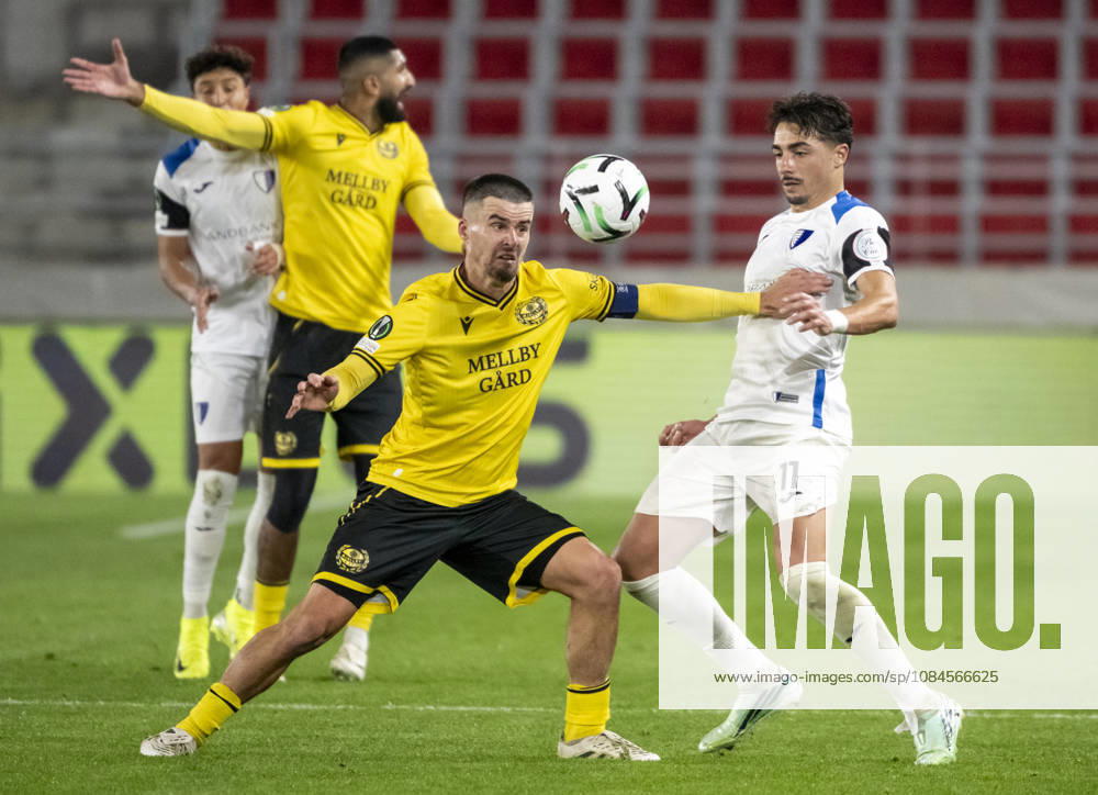 — Jesper Gustavsson of Mjällby AIF and Domi Berlanga of Inter Club d Escaldes in the UEFA Conference League match between Mjällby AIF and Inter Club d Escaldes at Olympia in Helsingborg on Thursday, October 15, 2026 HELSINGBORG, SWEDEN