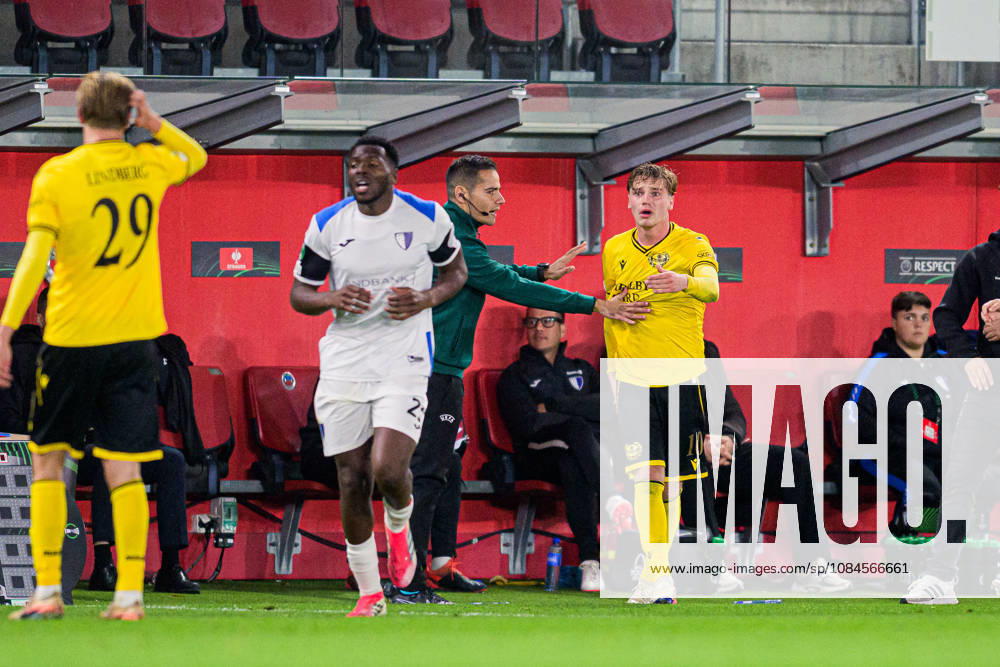 Lamine Diaby of Inter Club d Escaldes and Jeppe Kjaer of Mjällby during the UEFA Conference League soccer match between Mjällby and Inter Club d Escaldes on October 15, 2026 in Helsingborg. Photo by Christoffer Borg Mattisson, BILDBYRÅN COP 261 CB0562 soccer football fotball UEFA Conference League Conference League Mjällby in BBENG soccer football fotball UEFA Conference League Conference League Mjällby in BBENG