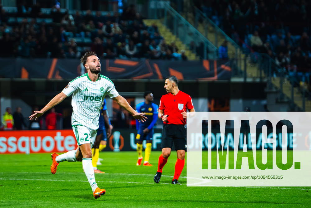 Muamer Tankovic of Omonia (L) celebrate score during the UEFA Europa League match between Celje (Slovenia) and Omonia (Cyprus) at Stadion Celje, Celje on October 15, 2026 in Celje, Slovenia. (Photo by Andraz Corel Sports Press Photo).
