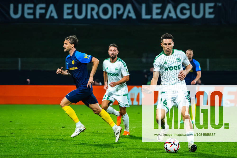 Mateo Maric of Omonia (R) in action during the UEFA Europa League match between Celje (Slovenia) and Omonia (Cyprus) at Stadion Celje, Celje on October 15, 2026 in Celje, Slovenia. (Photo by Andraz Corel Sports Press Photo).
