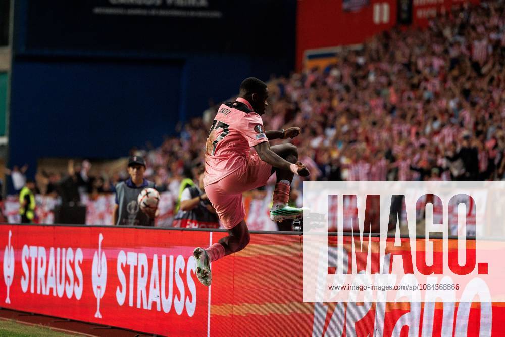 Noah Sadiki of Sunderland jumps over the barrier to celebrate his goal Torreense v Sunderland, UEFA Europa League, Football, Estadio Dr. Magalhaes Pessoa, Leiria, Portugal - 15 Oct 2026Leiria Estadio Dr. Magalhaes Pessoa Portugal