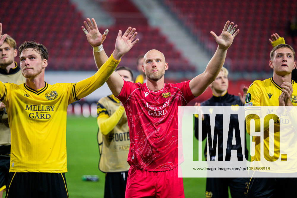 Villiam Granath, goalkeeper Alexander Lundin, and Ludvig Tidstrand of Mjällby celebrate after the UEFA Conference League soccer match between Mjällby and Inter Club d Escaldes on October 15, 2026 in Helsingborg. Photo by Christoffer Borg Mattisson, BILDBYRÅN COP 261 CB0562 soccer football fotball UEFA Conference League Conference League Mjällby in BBENG celebration cheers