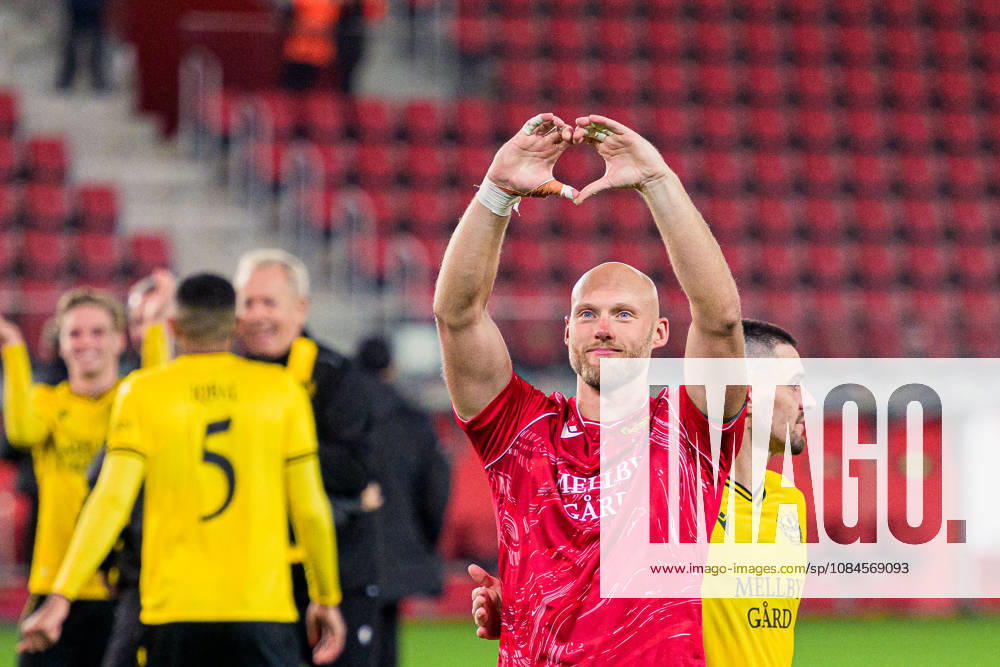 Goalkeeper Alexander Lundin of Mjällby celebrates after the UEFA Conference League soccer match between Mjällby and Inter Club d Escaldes on October 15, 2026 in Helsingborg. Photo by Christoffer Borg Mattisson, BILDBYRÅN COP 261 CB0562 soccer football fotball UEFA Conference League Conference League Mjällby in BBENG celebration cheers