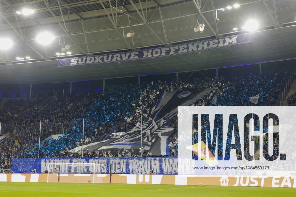 In the photo, Hoffenheim fans perform a choreographed display on October 15, 2026, UEFA Europa League, group stage, Matchday 2, TSG Hoffenheim vs. Besiktas Istanbul, Germany, Sinsheim, SNP Arena, DFL REGULATIONS PROHIBIT ANY USE OF PHOTOGRAPHS AS IMAGE SEQUENCES AND OR QUASI-VIDEO