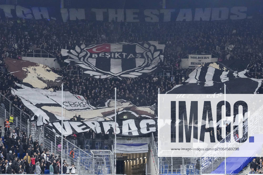 The Besiktas JK Istanbul fan section displays a choreographed display; choreography by spectators, fans, ultras, crowd, spectators, mood, atmosphere, stadium, October 15, 2026, Sinsheim, Germany, soccer, UEFA Europa League, TSG 1899 Hoffenheim vs. Besiktas Istanbul. DFB and DFL regulations prohibit any use of photographs as image sequences and or quasi-video.