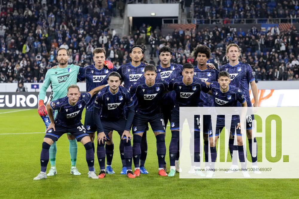 Players from TSG 1899 Hoffenheim; back row, from left: Oliver Baumann, goalkeeper, Hoffenheim, 1, Fisnik Asllani (Hoffenheim), 11, Koki Machida (Hoffenheim), 28, Ozan Muhammed Kabak (Hoffenheim), 5, Bernardo Fernandes da Silva Junior (Hoffenheim), 13, Wouter Burger (Hoffenheim), 18; front row, from left: Vladimir Coufal (Hoffenheim), 34; Leon Avdullahu (Hoffenheim), 7; Adam Hlozek (Hoffenheim), 10; Adam Daghim (Hoffenheim), 14; Andrej Kramaric (Hoffenheim), 27, team photo, team, group photo, starting lineup, October 15, 2026, Sinsheim, Germany, soccer, UEFA Europa League, TSG 1899 Hoffenheim vs. Besiktas Istanbul, DFB and DFL regulations prohibit any use of photographs as image sequences and or quasi-video