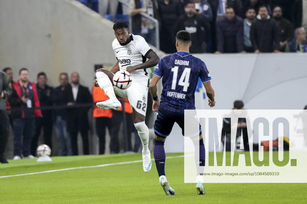 V li Michael Murillo Besiktas, 62, Adam Daghim Hoffenheim, 14, tackle, game scene, duel, tackle, tackling, dynamic, action, 15 10 2026, Sinsheim, Germany, soccer, UEFA Europa League, TSG 1899 Hoffenheim vs. Besiktas Istanbul, DFB and DFL regulations prohibit any use of photographs as image sequences and or quasi-video