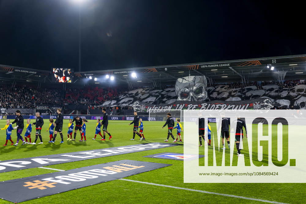 NEC Nijmegen supporters held up a banner as both teams took the field ahead of the UEFA Europa League match between NEC and Levski Sofia at Stadion De Goffert on October 15, 2026, in Nijmegen, the Netherlands. Photo by DeFodi Images