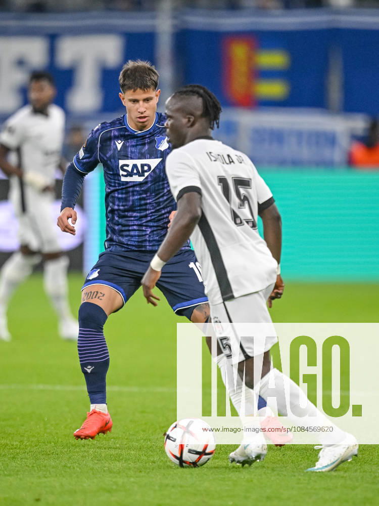 Adam Hlozek of TSG 1899 Hoffenheim and Junior Olaitan of Besiktas battle for the ball during the UEFA Europa League 2026-27 group stage match between TSG 1899 Hoffenheim and Besiktas JK at the Rhein-Neckar Arena on October 15, 2026 in Sinsheim, Germany. Photo by Harry Langer, DeFodi Images