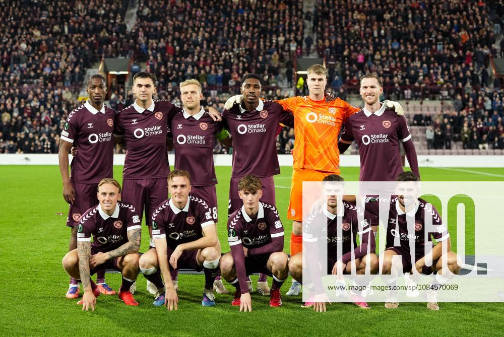 Heart of Midlothian starting eleven players team group, Mannschaftsbild, Totale before kick off Heart of Midlothian v Nordsjaelland, UEFA Conference League, Football, League Phase, Matchday 1, Tynecastle Park, Edinburgh, Scotland, UK - 15 Oct 2026Edinburgh Tynecastle Park Scotland United Kingdom