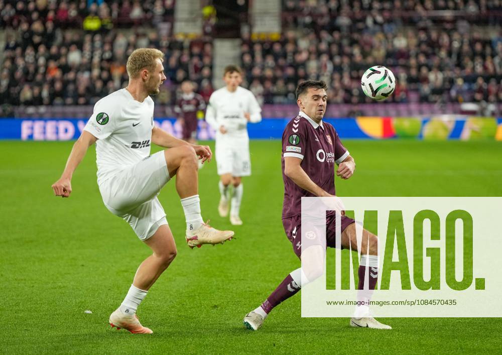 Victor Nelsson of FC Nordsjaelland & Oisin McEntee of Heart of Midlothian Heart of Midlothian v Nordsjaelland, UEFA Conference League, Football, League Phase, Matchday 1, Tynecastle Park, Edinburgh, Scotland, UK - 15 Oct 2026Edinburgh Tynecastle Park Scotland United Kingdom