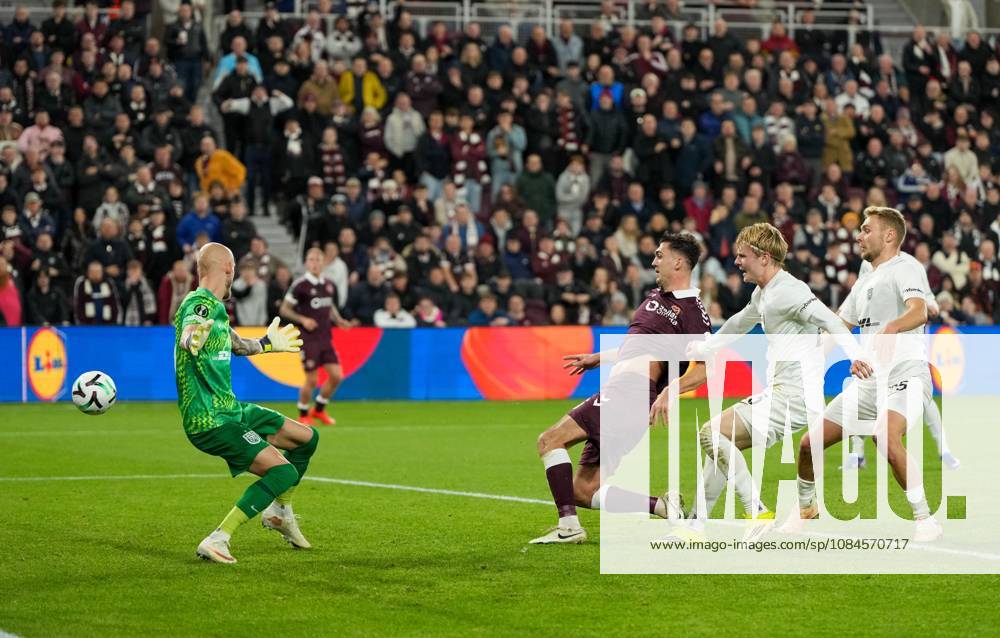 Oisin McEntee of Heart of Midlothian scores to give Hearts a 1-0 lead Heart of Midlothian v Nordsjaelland, UEFA Conference League, Football, League Phase, Matchday 1, Tynecastle Park, Edinburgh, Scotland, UK - 15 Oct 2026Edinburgh Tynecastle Park Scotland United Kingdom