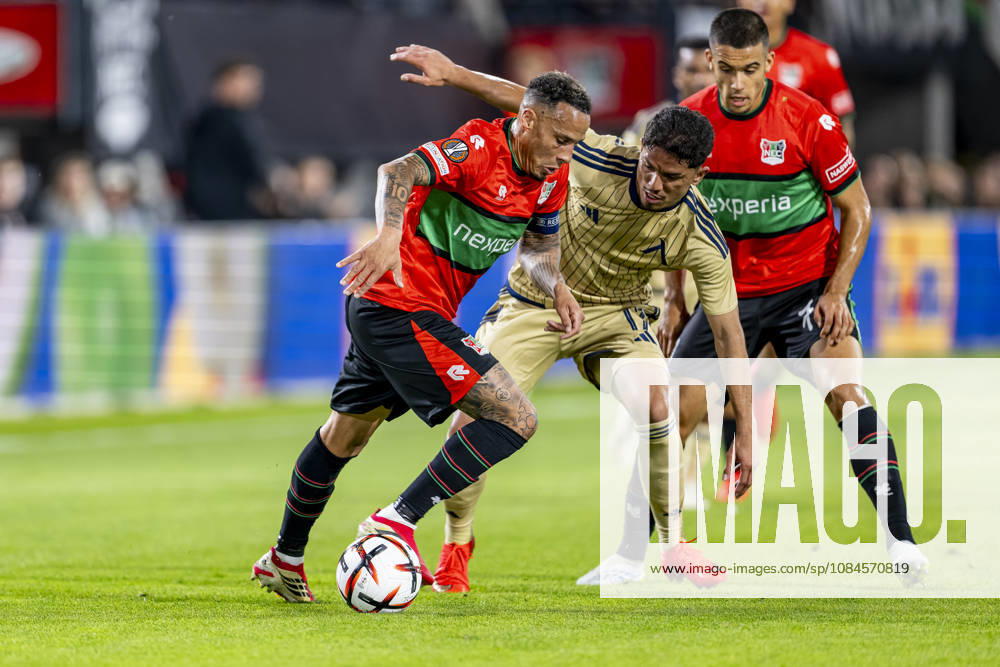 NIJMEGEN l NEC Nijmegen forward Tjaronn Chery and Levski Sofia forward Everton Bala during the UEFA Europa League match between NEC and Levski Sofia at Stadion De Goffert on October 15, 2026, in Nijmegen, the Netherlands. Photo by DeFodi Images