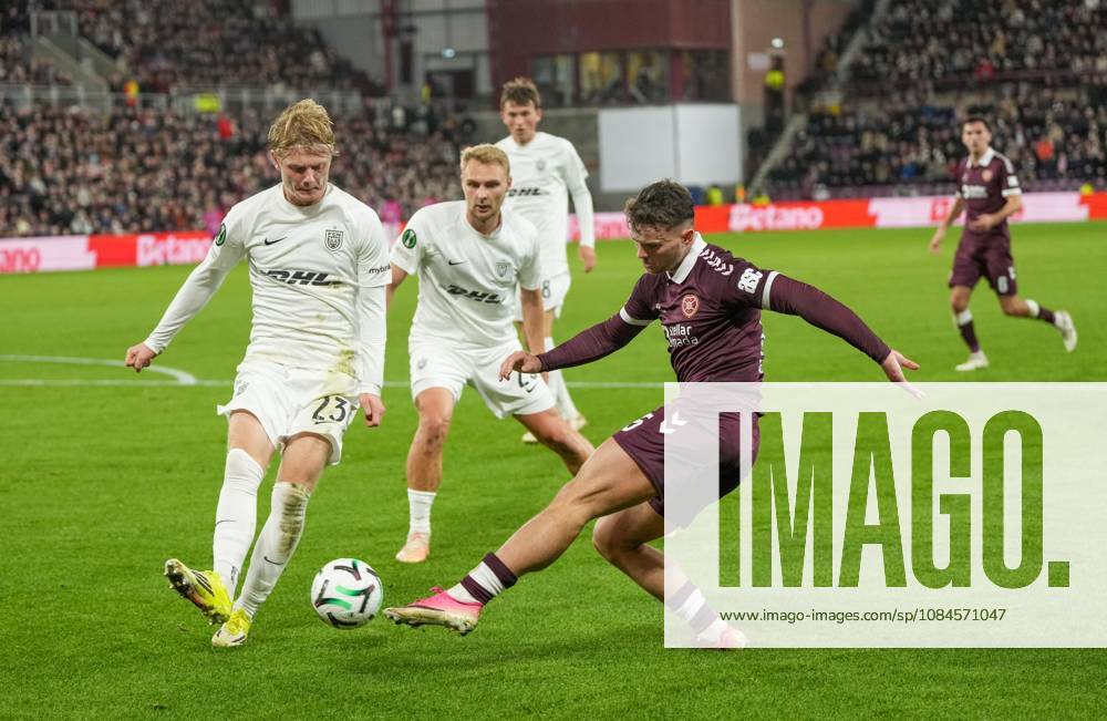 Calvin Miller of Heart of Midlothian crosses the ball beyond Runar Robinsonn Norheim of FC Nordsjaelland Heart of Midlothian v Nordsjaelland, UEFA Conference League, Football, League Phase, Matchday 1, Tynecastle Park, Edinburgh, Scotland, UK - 15 Oct 2026Edinburgh Tynecastle Park Scotland United Kingdom