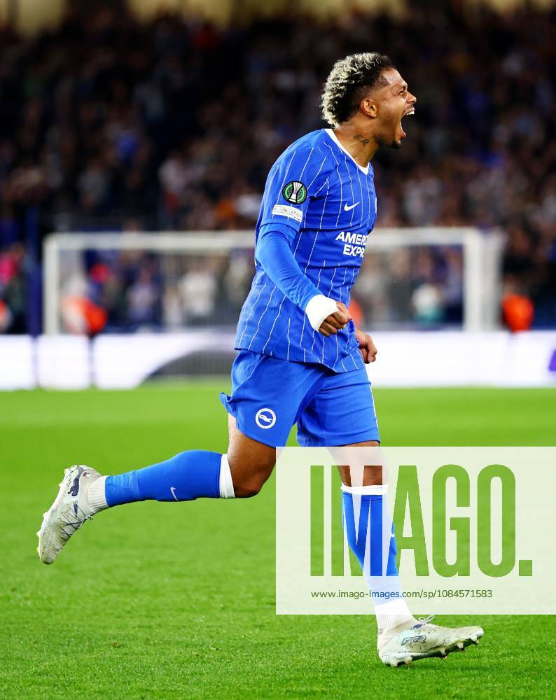 Georginio Rutter of Brighton and Hove Albion celebrates scoring a goal after making the score 1-0. Brighton & Hove Albion v Kauno Zalgiris, UEFA Conference League, Football, American Express Stadium, Brighton, UK - 15 Oct 2026Brighton American Express Stadium United Kingdom
