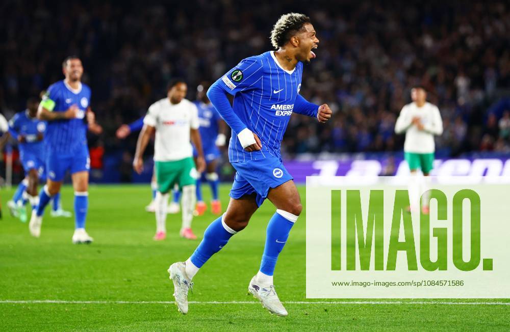 Georginio Rutter of Brighton and Hove Albion celebrates scoring a goal after making the score 1-0. Brighton & Hove Albion v Kauno Zalgiris, UEFA Conference League, Football, American Express Stadium, Brighton, UK - 15 Oct 2026Brighton American Express Stadium United Kingdom