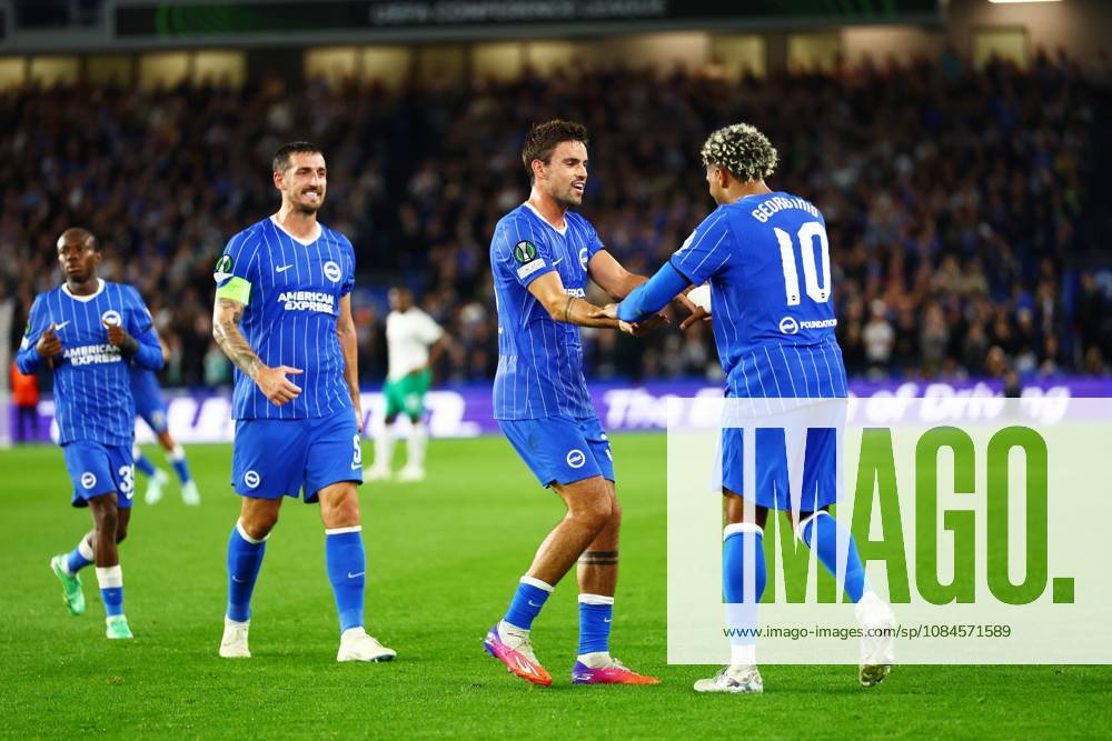 Georginio Rutter of Brighton and Hove Albion celebrates scoring a goal after making the score 1-0. Brighton & Hove Albion v Kauno Zalgiris, UEFA Conference League, Football, American Express Stadium, Brighton, UK - 15 Oct 2026Brighton American Express Stadium United Kingdom
