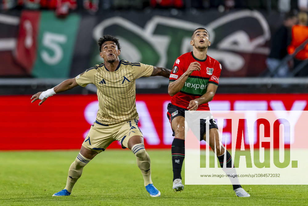 NIJMEGEN l Levski Sofia forward Reinaldo and NEC Nijmegen defender Gabriel Brás during the UEFA Europa League match between NEC and Levski Sofia at Stadion De Goffert on October 15, 2026, in Nijmegen, the Netherlands. Photo by DeFodi Images