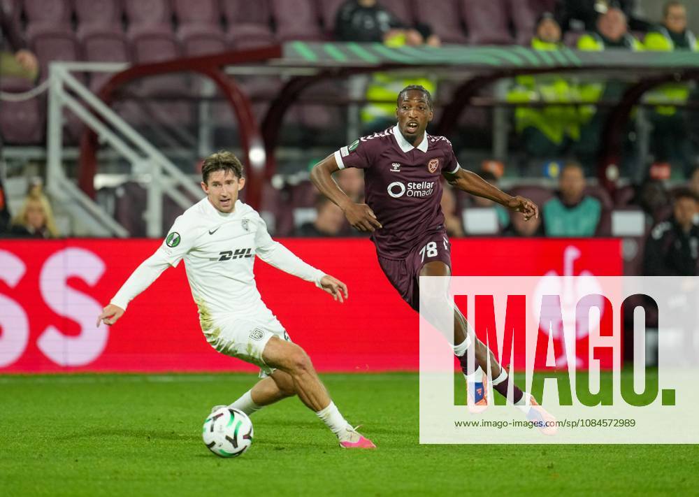 Laurent Mendy of Heart of Midlothian passes the ball beyond Mark Brink of FC Nordsjaelland Heart of Midlothian v Nordsjaelland, UEFA Conference League, Football, League Phase, Matchday 1, Tynecastle Park, Edinburgh, Scotland, UK - 15 Oct 2026Edinburgh Tynecastle Park Scotland United Kingdom