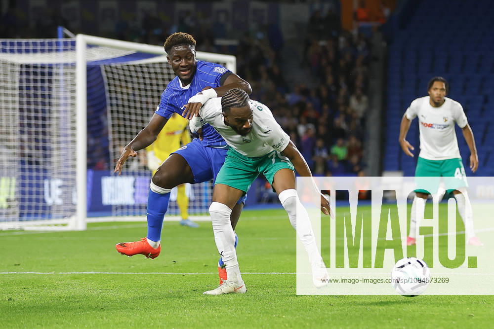 15th October 2026; American Express Stadium, Brighton, England; UEFA Conference League Football, Brighton and Hove Albion versus Kauno Zalgiris; Ibrahim Osman of Brighton and Hove Albion desperate to take the ball off Fabien Ourega of Kauno Zalgiris ChrisxRoll