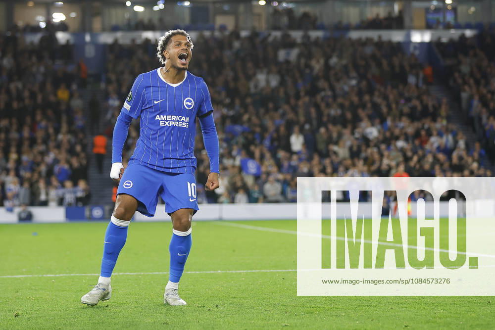15th October 2026; American Express Stadium, Brighton, England; UEFA Conference League Football, Brighton and Hove Albion versus Kauno Zalgiris; Georginio Rutter of Brighton and Hove Albion celebrates his teams first goal in the 42nd minute ChrisxRoll