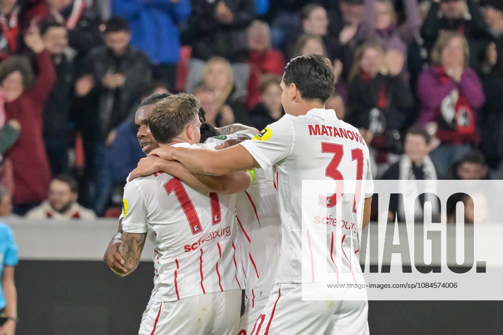 Celebration of the goal that made it 3–1 by Maximilian Eggestein (SC Freiburg, 08) with Lukas Kuebler (SC Freiburg, 17) and Igor Matanovic (SC Freiburg, 31) GER, SC Freiburg vs. JK Jablonec, Soccer, UEFA Conference League, Matchday 1, 2026–2027 season, October 15, 2026 (GER), SC Freiburg vs. JK Jablonec, soccer, UEFA Conference League, Matchday 1, 2026–2027 season, October 15, 2026, Freiburg