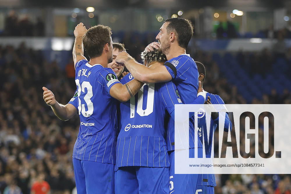 15th October 2026; American Express Stadium, Brighton, England; UEFA Conference League Football, Brighton and Hove Albion versus Kauno Zalgiris; Brighton and Hove Albion celebrating their goal in the 42nd minute of the first half ChrisxRoll