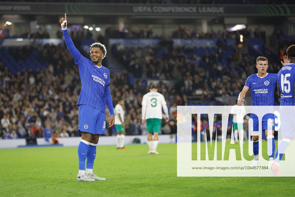 15th October 2026; American Express Stadium, Brighton, England; UEFA Conference League Football, Brighton and Hove Albion versus Kauno Zalgiris; Georginio Rutter of Brighton and Hove Albion celebrates his teams first goal in the 42nd minute ChrisxRoll