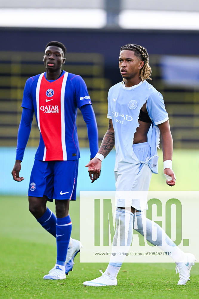 Tyrone Samba of Man City reacts during the UEFA Youth League football match between Manchester City and Paris Saint Germain at the Etihad Stadium in Manchester, England. (Photo by Will Palmer Sports Press Photo)