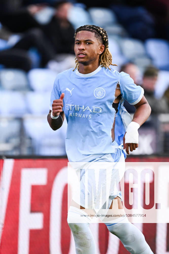 Tyrone Samba of Man City reacts during the UEFA Youth League football match between Manchester City and Paris Saint Germain at the Etihad Stadium in Manchester, England. (Photo by Will Palmer Sports Press Photo)