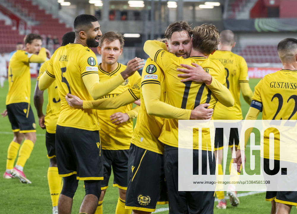 — Mjällby AIF’s Axel Norén hugs Jeppe Kjaer Jensen after the 2–0 goal during the UEFA Conference League match between Mjällby AIF and Inter Club d’Escaldes at Olympia in Helsingborg on Thursday, October 15, 2026 HELSINGBORG SWEDEN