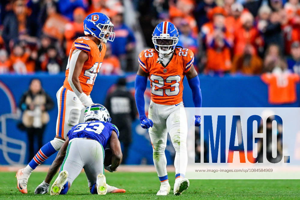 DENVER, CO - OCTOBER 15: Denver Broncos cornerback Jahdae Barron (23) celebrates after a defensive play in the fourth quarter during a game between the Seattle Seahawks and the Denver Broncos at Empower Field at Mile High on October 15, 2026 in Denver, Colorado. (Photo by Dustin Bradford Icon Sportswire) NFL, American Football Herren, USA OCT 15 Seahawks at Broncos Icon132261015033
