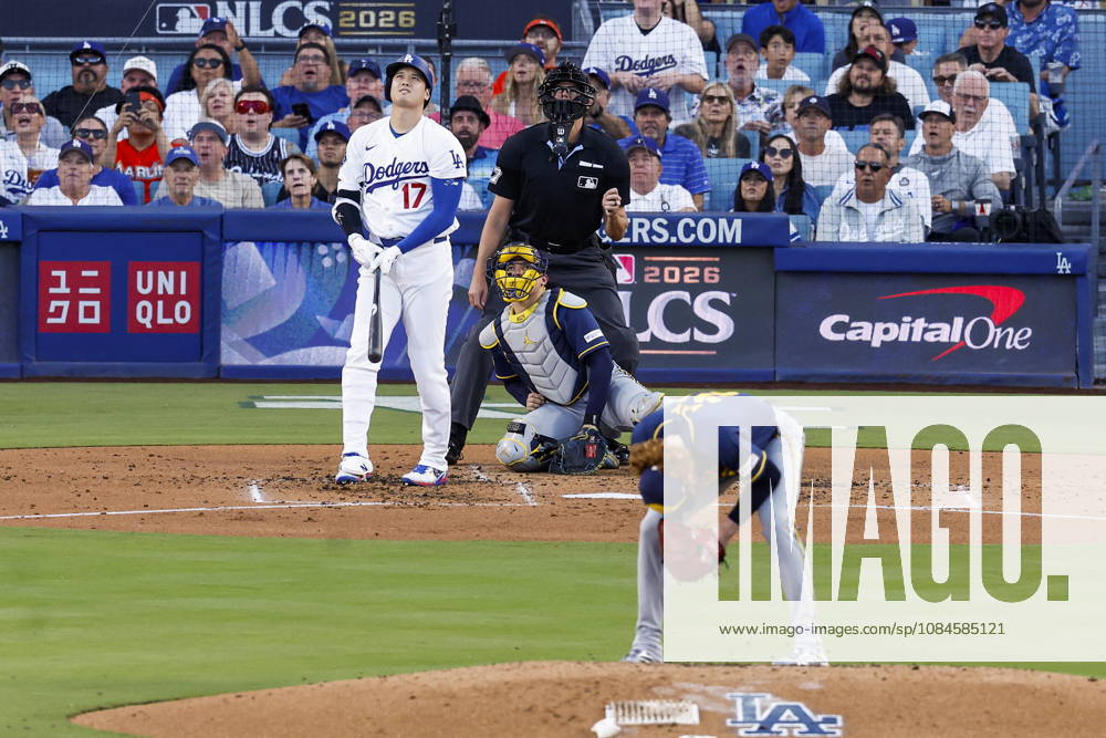 MLB, Baseball Herren, USA Postseason: NLCS Game 4 - Los Angeles Dodgers vs Milwaukee Brewers Los Angeles Dodgers designated hitter Shohei Ohtani (17) hits a grand slam home run against Milwaukee Brewers pitcher Dustin May (85) in the second inning during Game 4 of the National League Championship Series between the Los Angeles Dodgers and the Milwaukee Brewers at Dodger Stadium in Los Angeles, California, USA, 15 October 2026. (Issued 16 October 2026) LOS ANGELES CALIFORNIA UNITED STATES