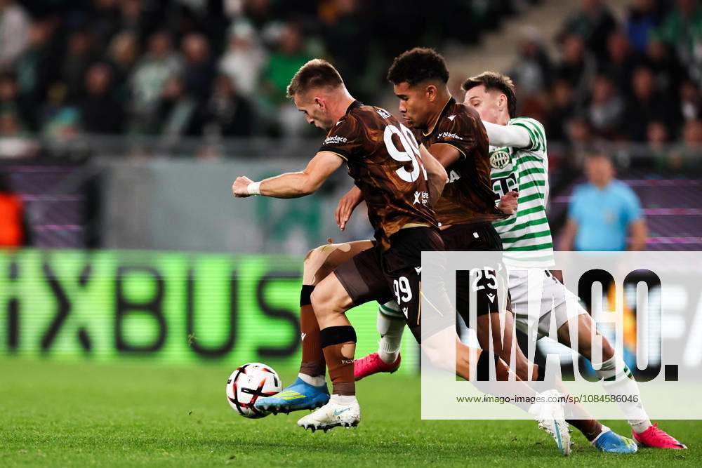 (261016) -- BUDAPEST, Oct. 16, 2026 -- Amar Memic (L) and Christophe Kabongo (C) of Viktoria Plzen vie with Marius Corbu of Ferencvaros during the UEFA Europa League 2026 27 League Phase match between Ferencvaros and Viktoria Plzen in Budapest, Hungary, Oct. 15, 2026. ) (SP)HUNGARY-BUDAPEST-FOOTBALL-UEFA EUROPA LEAGUE-FERENCVAROS VS VIKTORIA PLZEN HuxZhixuan