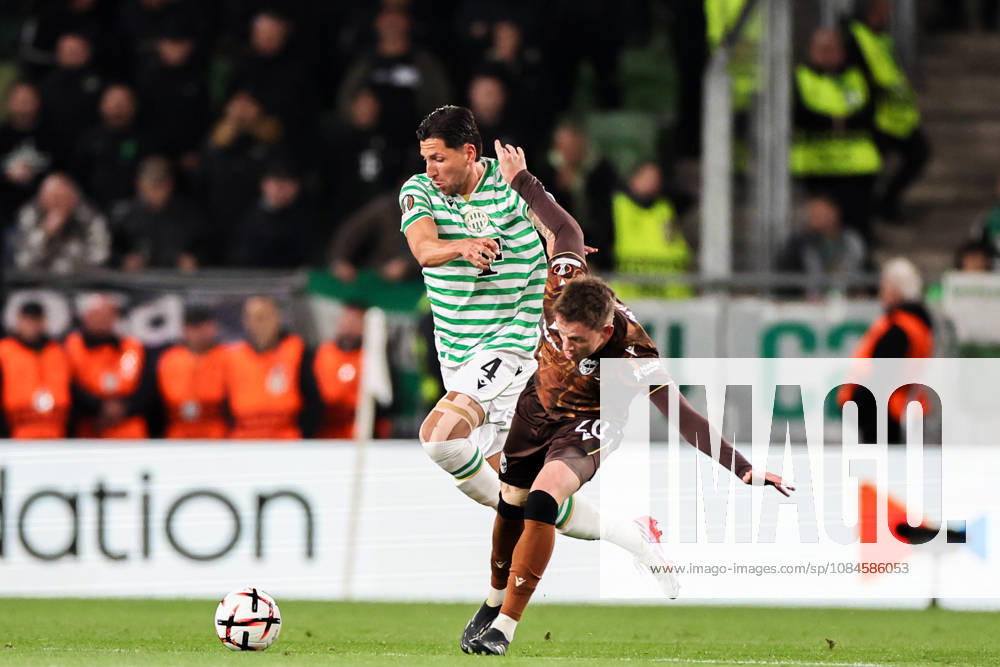 (261016) -- BUDAPEST, Oct. 16, 2026 -- Mariano Gomez (L) of Ferencvaros vies with Jiri Panos of Viktoria Plzen during the UEFA Europa League 2026 27 League Phase match between Ferencvaros and Viktoria Plzen in Budapest, Hungary, Oct. 15, 2026. ) (SP)HUNGARY-BUDAPEST-FOOTBALL-UEFA EUROPA LEAGUE-FERENCVAROS VS VIKTORIA PLZEN HuxZhixuan